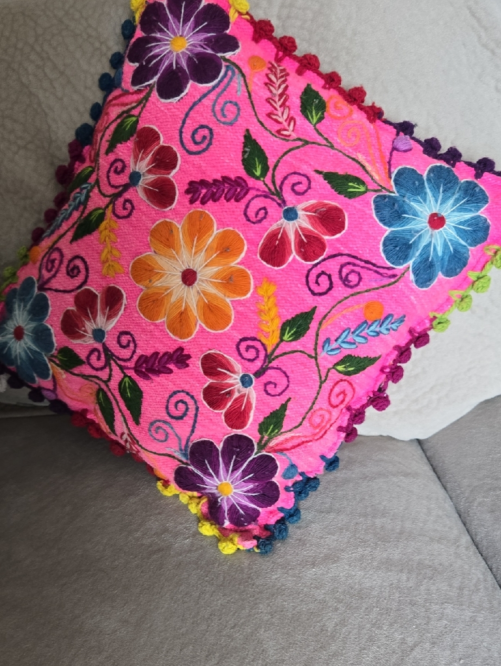 Bright Pink Embroidered Floral Throw Pillow